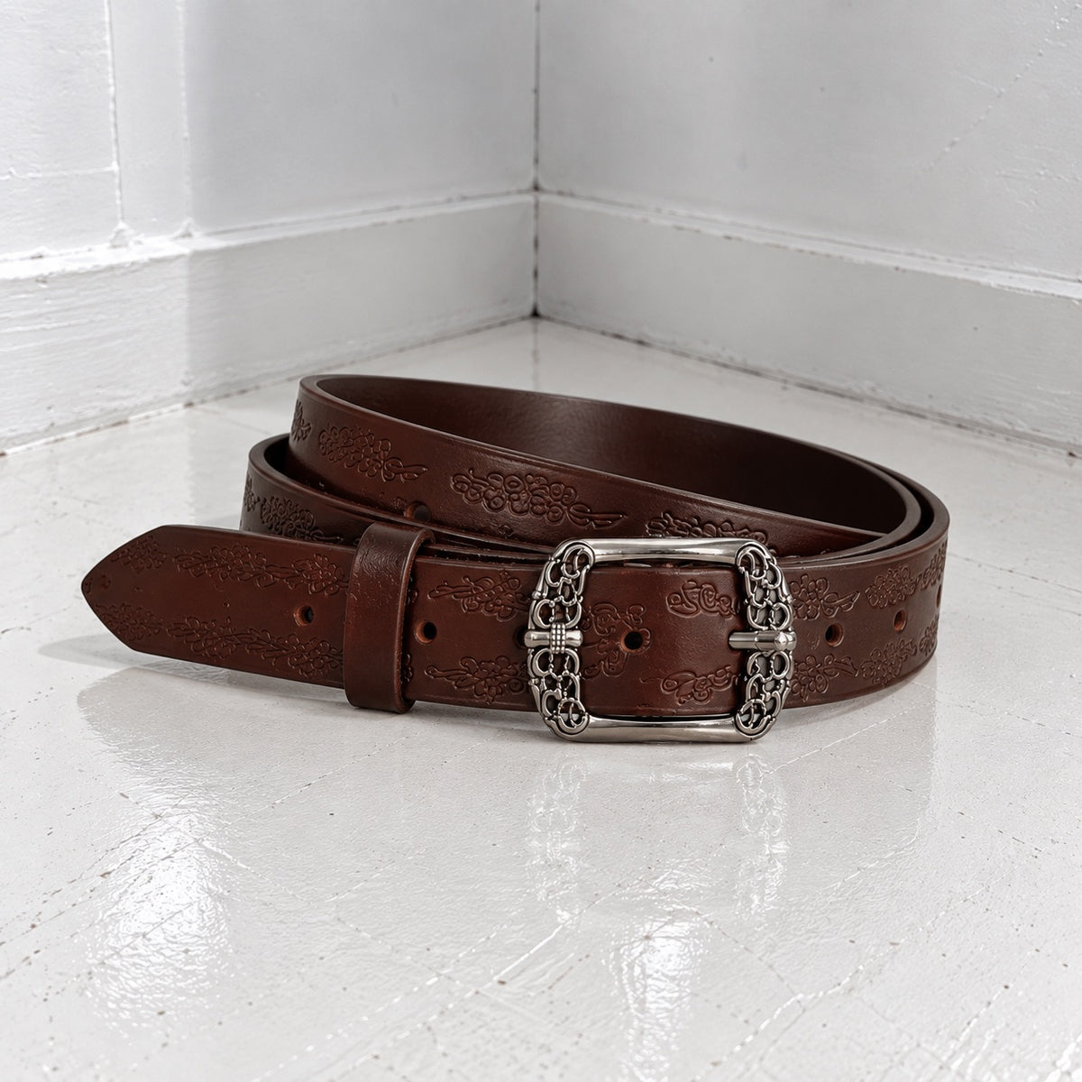 Vintage Floral Engraved Belt- Brown