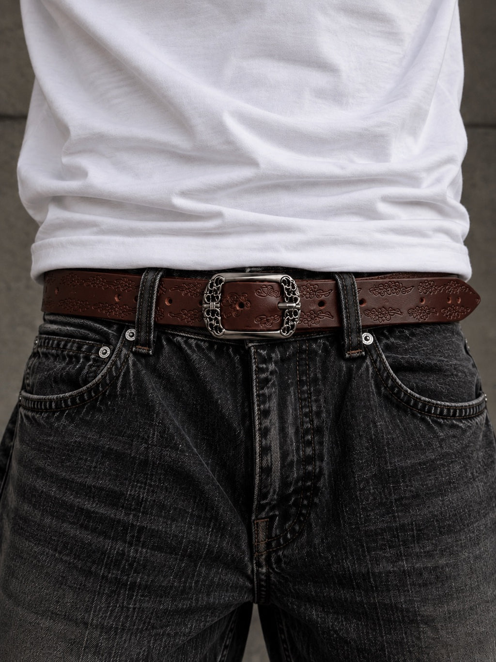 Vintage Floral Engraved Belt- Brown