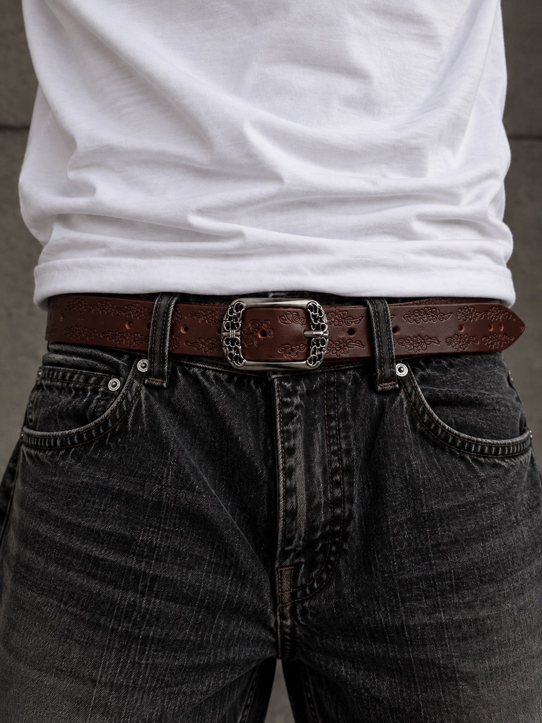 Vintage Floral Engraved Belt- Brown