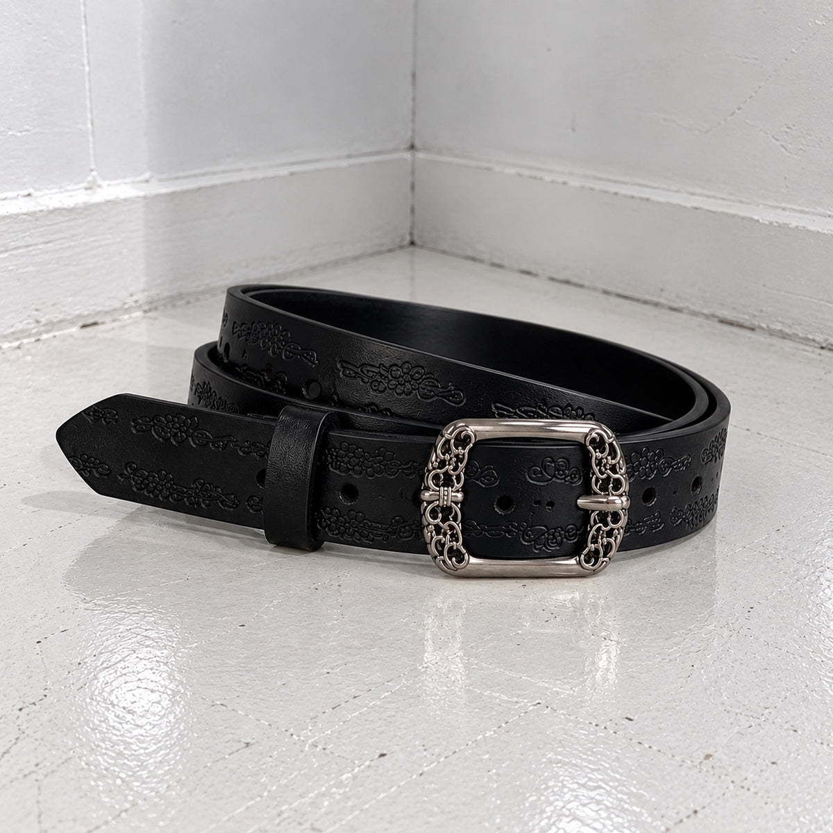 Vintage Floral Engraved Belt- Black