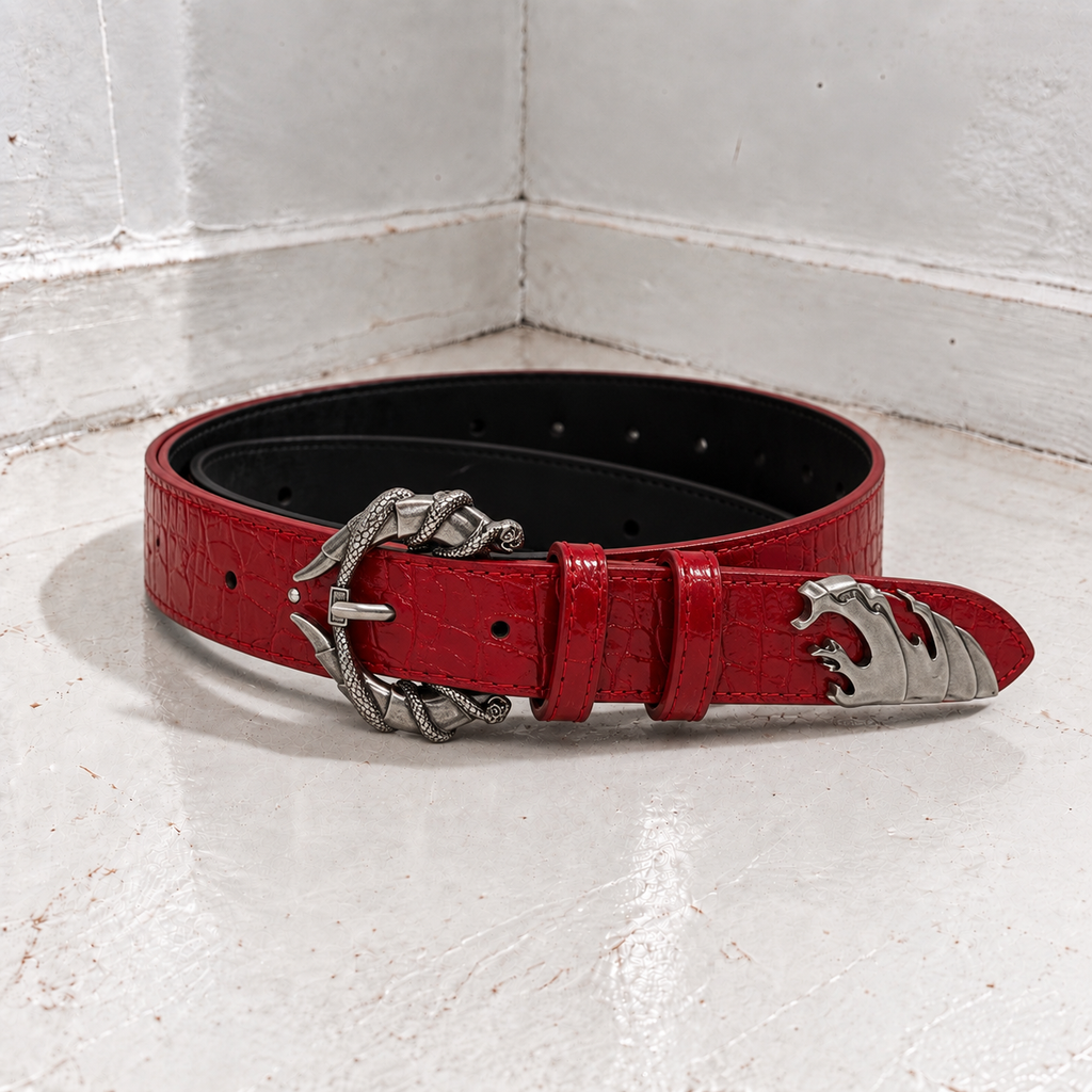 Y2K Crocodile Belt - Bright Red